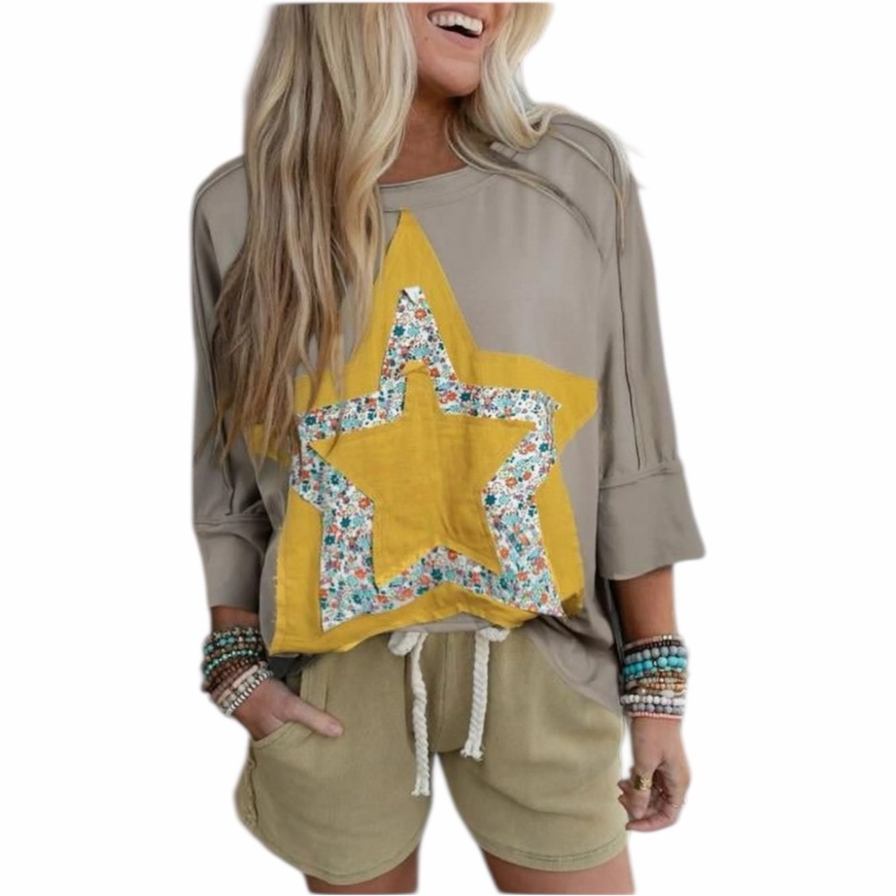 Y2K Patchwork Style Star Patch 3/4 Sleeve Top In … - image 1
